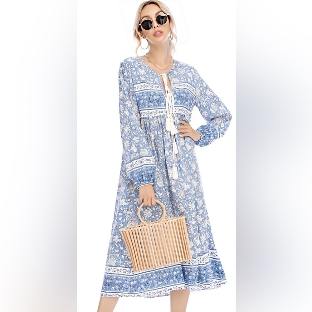 R. Vivimos Bohemian V-Neck Midi Dress - Picture 2 of 8